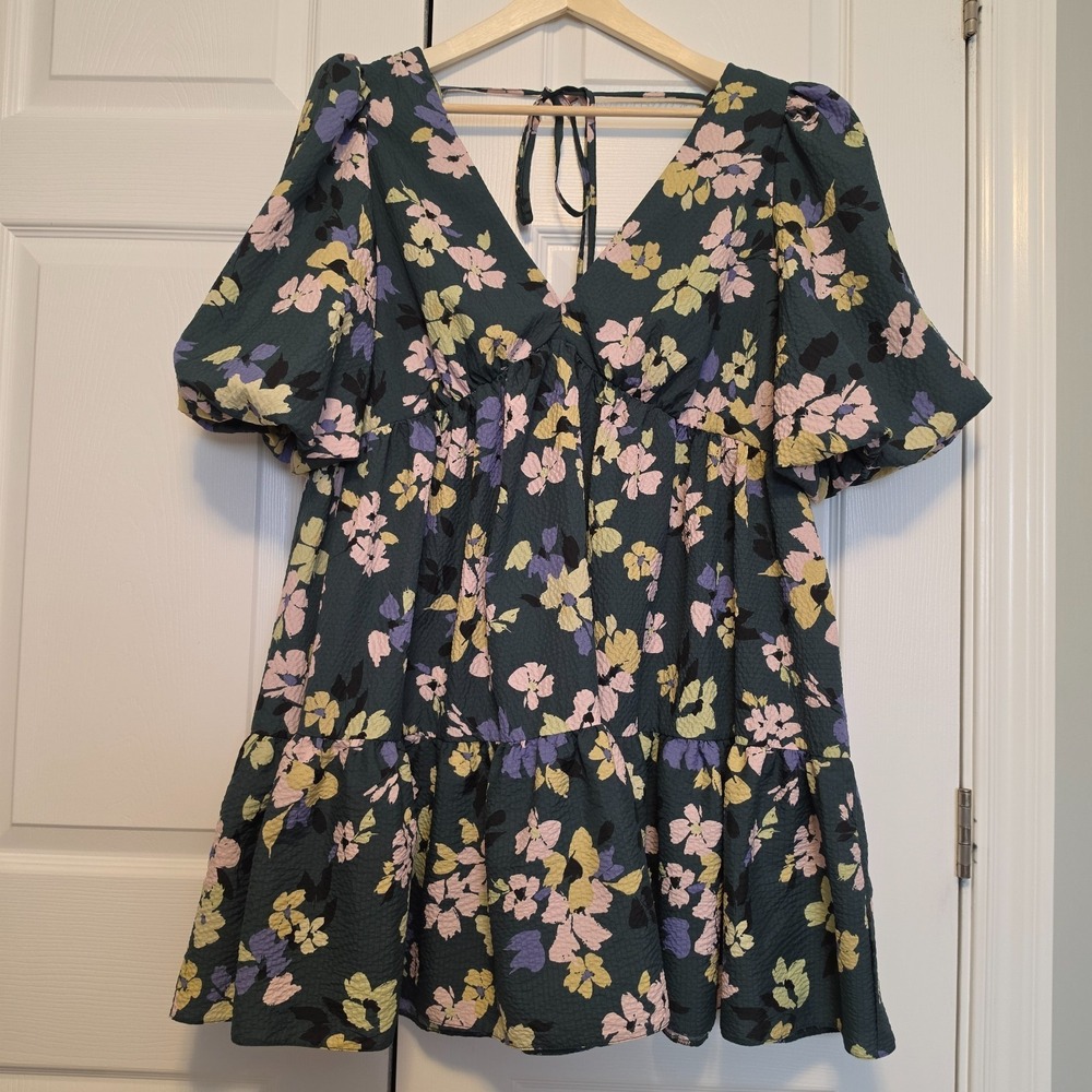 Nobody's Child Vienna Balloon Sleeve Green Floral Mini Dress Deep V-Neck Size 12